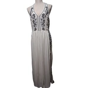Boho White Embroidered Halter Jumpsuit Floral Wide Leg Smocked Back Size L